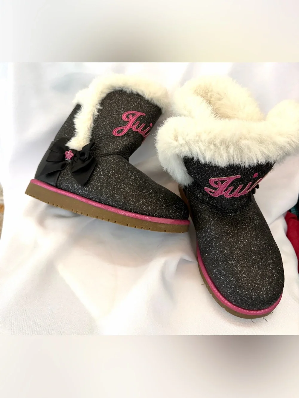 Juicy Couture Black Glitter Kids' Boots with Pink Trim and White Faux-Fur